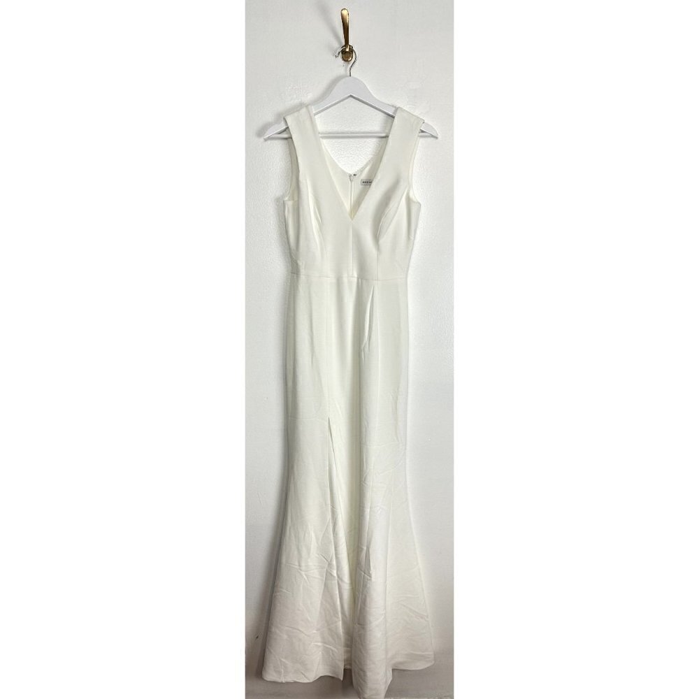 DRESS THE POPULATION Sandra Plunge Crepe Trumpet Gown in Off White Size Small - Picture 5 of 14